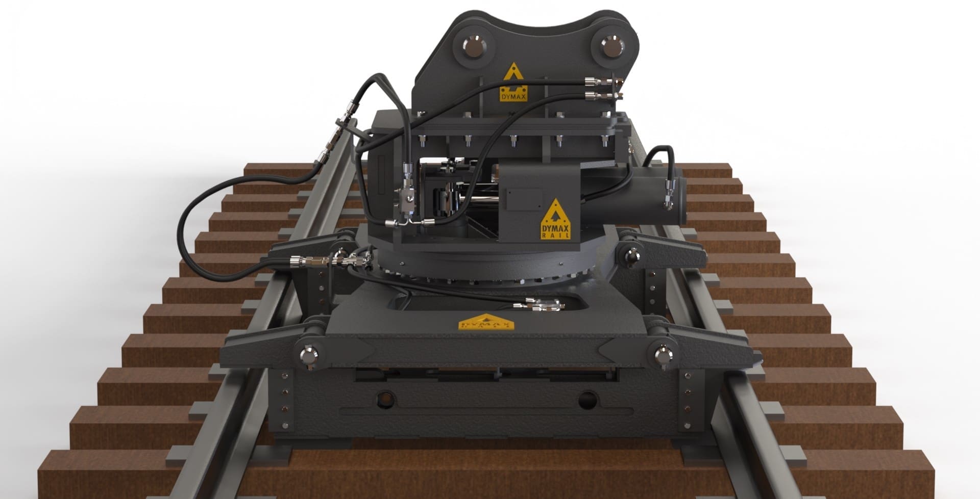 Dymax Track Panel Handler mounts on 25-ton excavator for handling track panel at jobsites