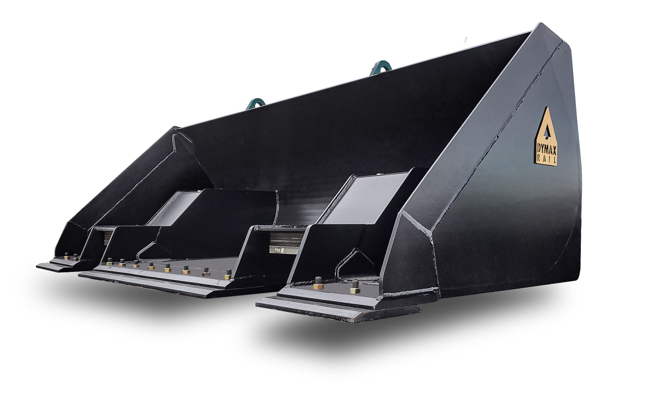 DymaxRail railway cleanup bucket front view showing integrated rail wheels and bolt-on cutting edge