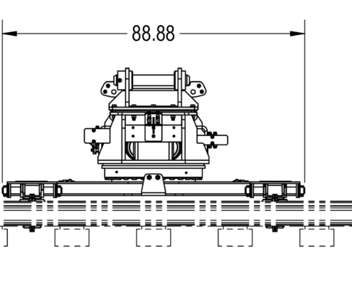 Side view of Dymax Track Panel Handler showing dimenions, 180-degree rotation system, and flange grip design