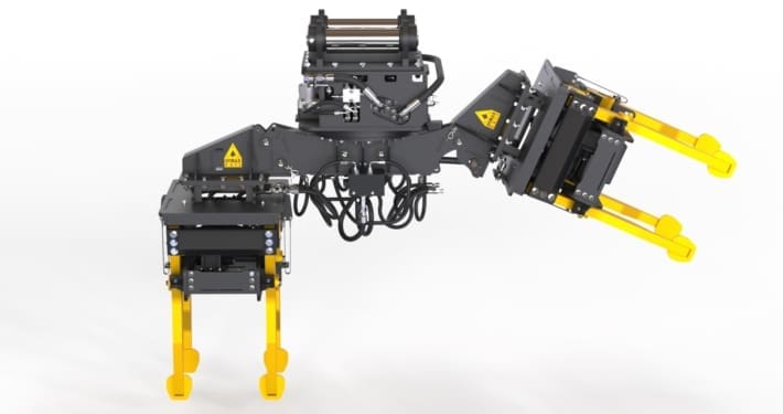 Series 14 twin tamper — switch and crossing configuration DymaxRail Series 14 dual ballast tamper attachment configured for switch and crossing work on hi-railed excavators