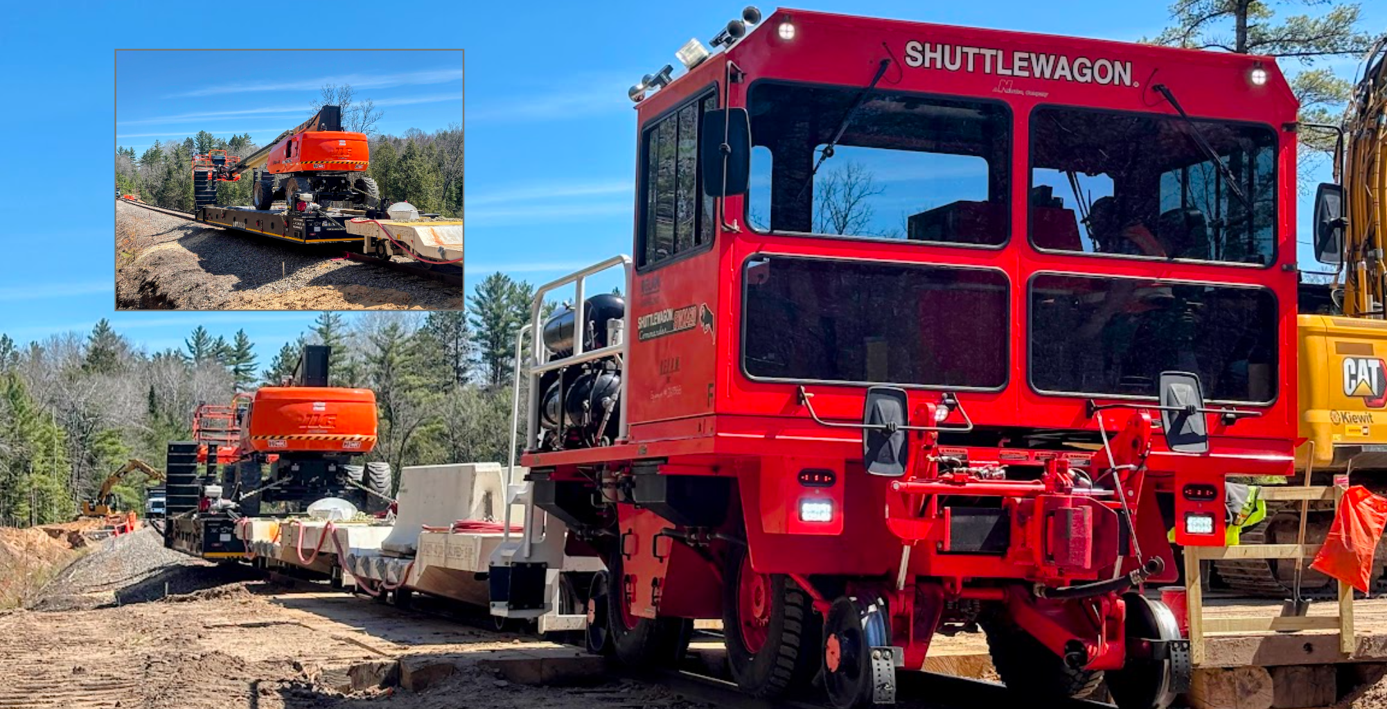 Aerial lift support equipment delivered by rail to support bridge replacement operations.