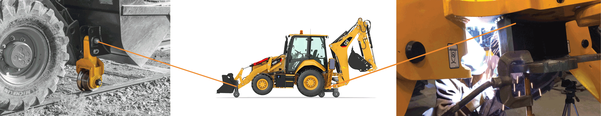 Rail Rider hi-rail guide system installation composite Composite image showing installation points and setup details for the Dymax Rail Rider hi-rail guide system on a backhoe loader