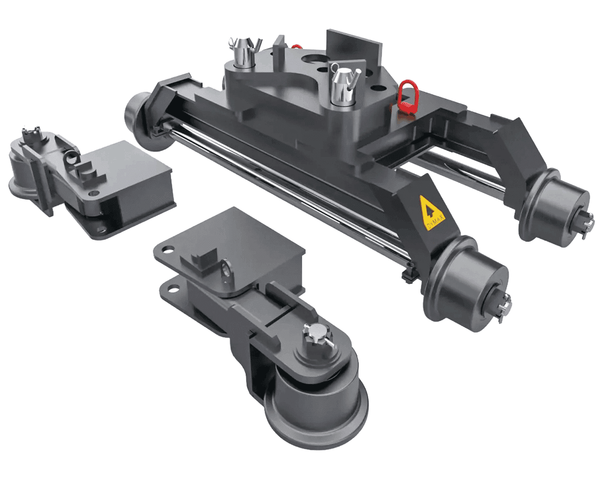 Rail Rider standard hi-rail guide system package Standard Dymax Rail Rider hi-rail guide system package with rear 4-wheel dolly and bucket-mounted rail wheels