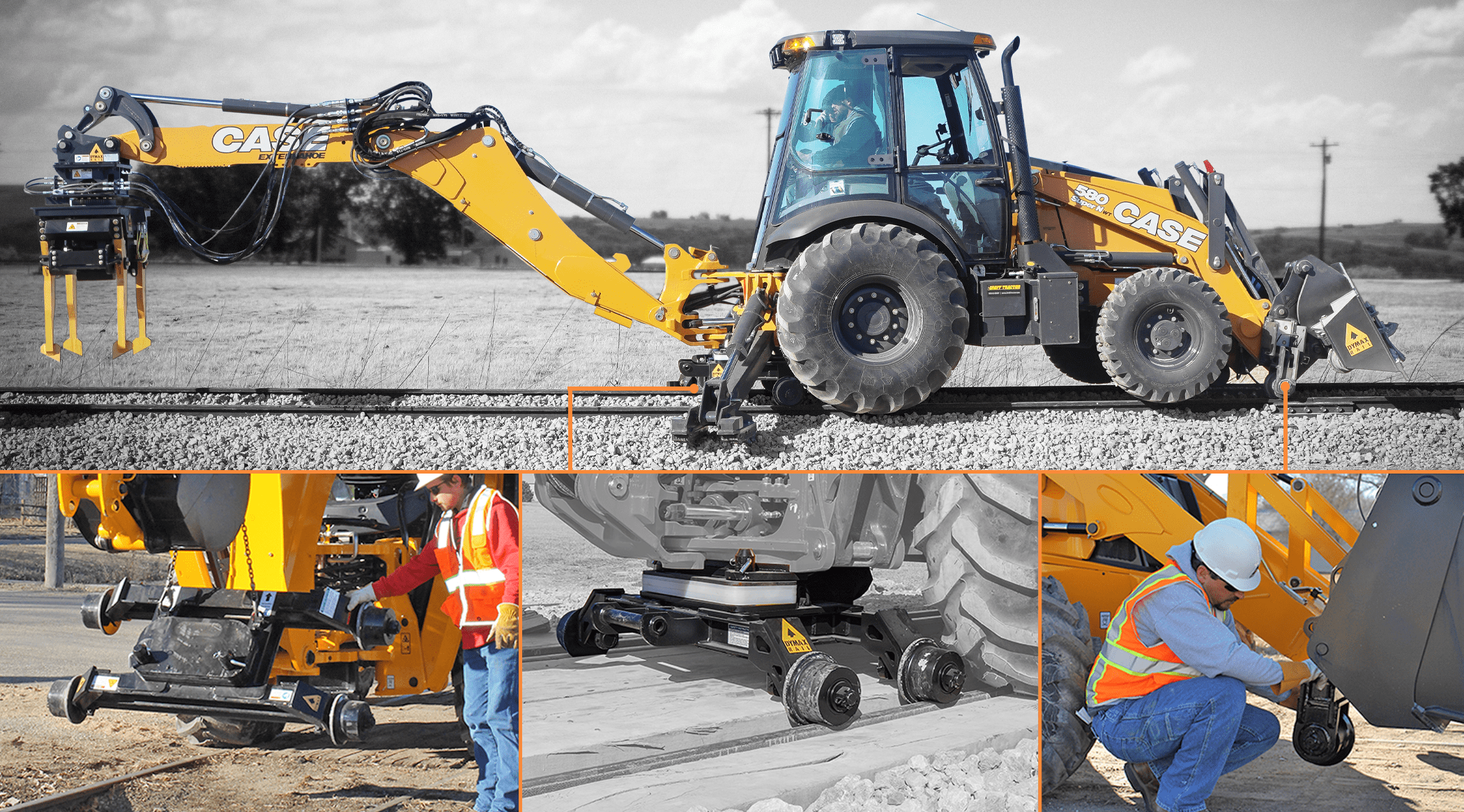 Rail Rider hi-rail backhoe conversion composite Composite image showing a backhoe loader converted into a hi-rail machine with the Dymax Rail Rider guide system and rear dolly components