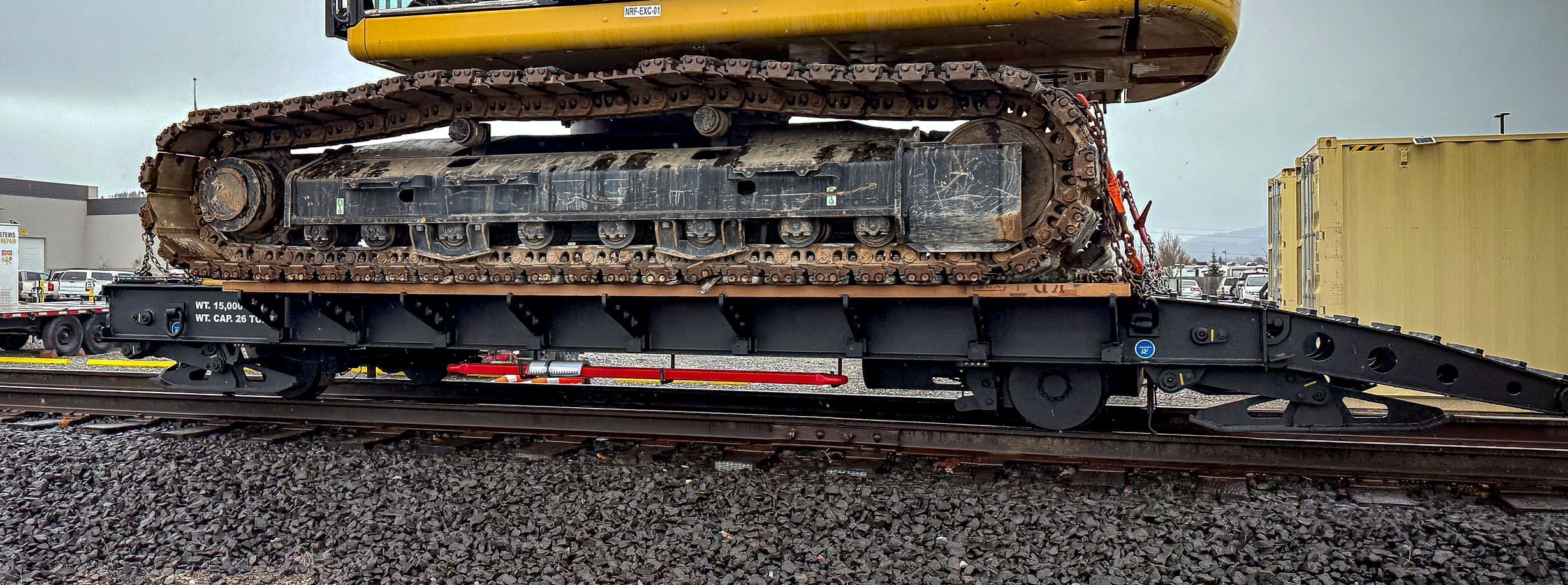 mpxe-hydraulic-drive-excavataor-rail-cart.jpg Dymax MPXE Hydraulic Drive Rail Cart for excavator operations on railway tracks
