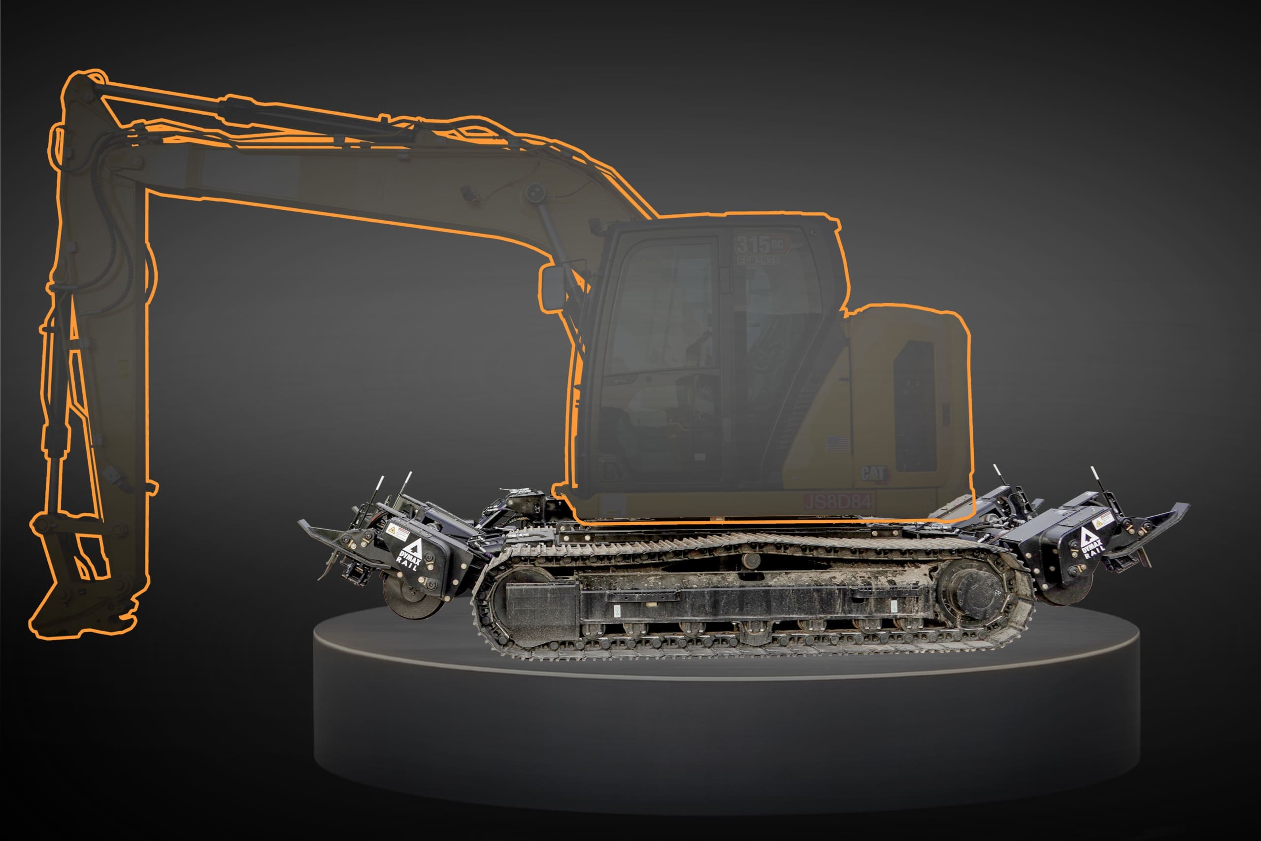 Stylized render of the Dymax Rail Rider X2-15T detachable hi-rail attachment for 13-15-ton track excavators including Cat 313/315, Deere 135/145, and Komatsu PC138 class machines