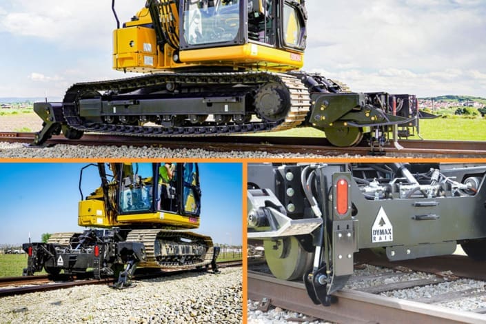 Cat 315 track excavator equipped with the Dymax Rail Rider X2-15T hi-rail system, shown traveling on rail, working off-rail with stabilizers deployed, and in close-up detail of the integrated rail clamp and stabilizer assembly