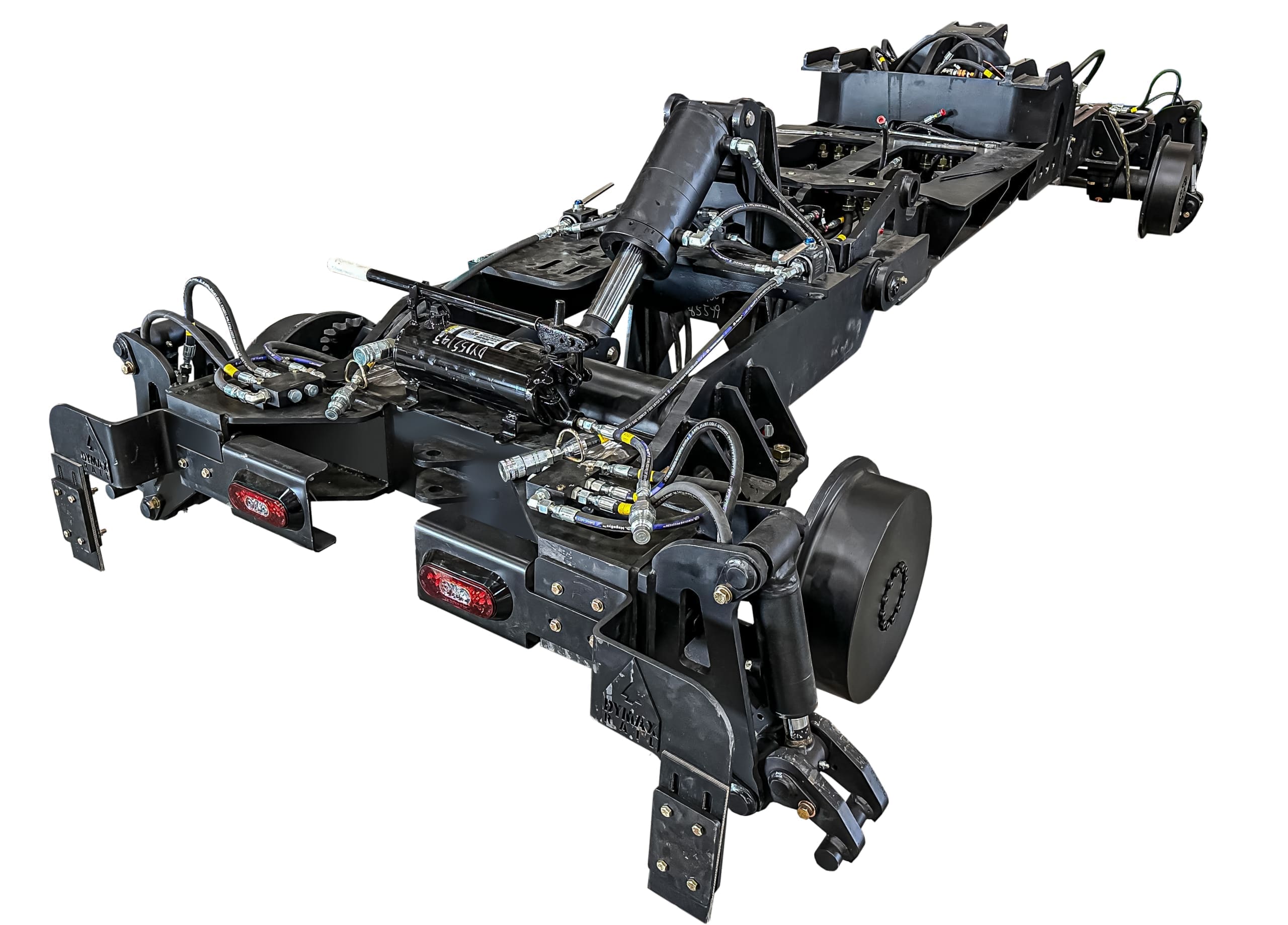 Dymax Rail Rider X2-8T detachable hi-rail undercarriage for 8-ton track excavators with standard features including hydraulic rail clamps, LED directional lighting, SAHR braking, and the 2-speed hydrostatic drive