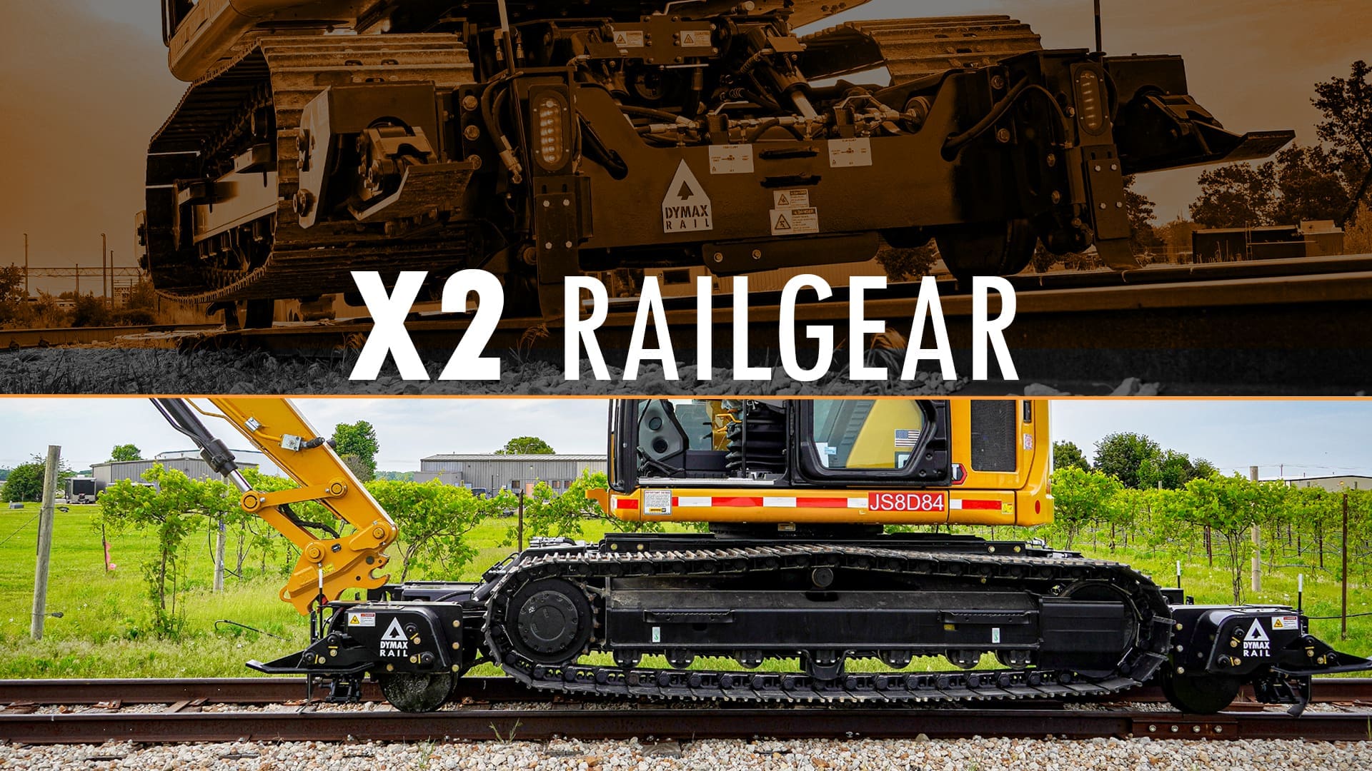 Dymax Rail Rider X2 detachable hi-rail attachment for track excavators, shown with rail clamps engaged on the rail head and a side profile of the X2 hi-rail frame seated on track