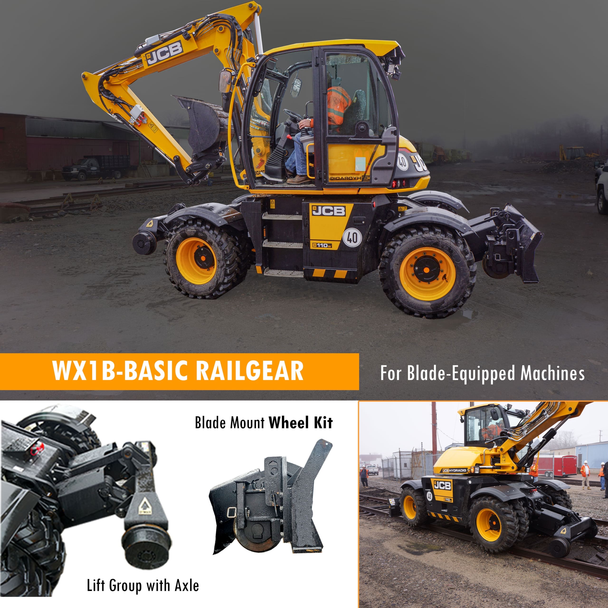 Wheeled excavator with Dymax Rail Rider WX4S hi-rail attachment at railroad crossing Sennebogen 718 wheeled excavator with the Dymax Rail Rider WX4S hi-rail attachment in transport mode at a railroad crossing, showing boom tucked into the railgear with the attachment still on